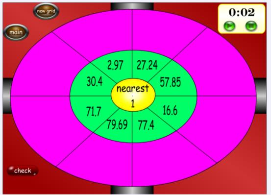 f=dartboardroundingv2 Τα παιδιά καλούνται να στρογγυλοποιήσουν δεκαδικούς αριθμούς στην πλησιέστερη ακέραια μονάδα. Το εφαρμογίδιο δίνει δύο επιλογές.