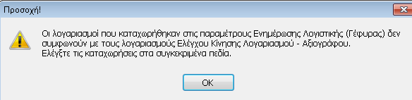 Στην περίπτωση που δεν συμφωνεί η ομάδα των λογαριασμών (Χρεούμενων Πιστούμενων) με τους Λογαριασμούς που συμπληρώθηκαν ανά Τύπο Αξιόγραφου, καθώς και με το Είδος Κίνησης, όπως φαίνεται στην παρακάτω