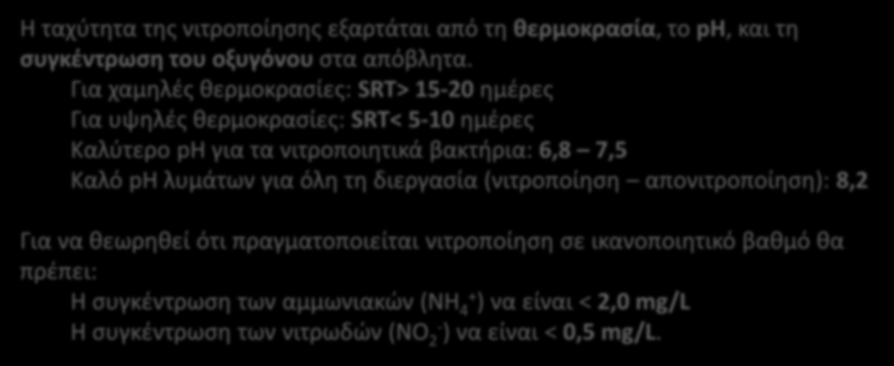 Μετατροπή της αμμωνίας σε νιτρικά άλατα (ΝΙΤΡΟΠΟΙΗΣΗ) (NH 4+ ) Αμμωνία σε ιοντική μορφή Νιτρώδη (NΟ 2- ) Με αυτότροφα βακτήρια Νιτρικά (NΟ 3- ) Η ταχύτητα της νιτροποίησης εξαρτάται από τη