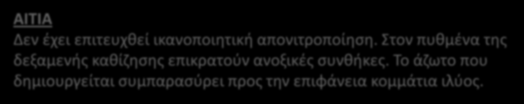 Νιτροποίηση Απονιτροποίηση Προβλήματα Αίτια Λύσεις ΠΡΟΒΛΗΜΑ 3 - Φαινόμενο επίπλευσης ιλύος στην επιφάνεια της δεξαμενής καθίζησης. ΑΙΤΙΑ Δεν έχει επιτευχθεί ικανοποιητική απονιτροποίηση.