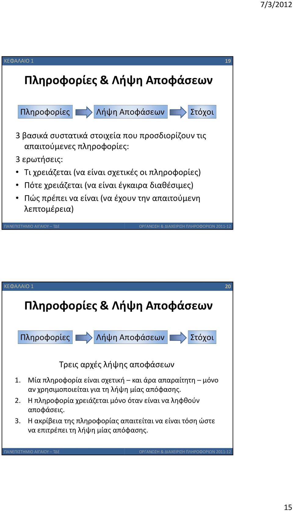 Πληροφορίες & Λήψη Αποφάσεων Πληροφορίες Λήψη Αποφάσεων Στόχοι Τρεις αρχές λήψης αποφάσεων 1.