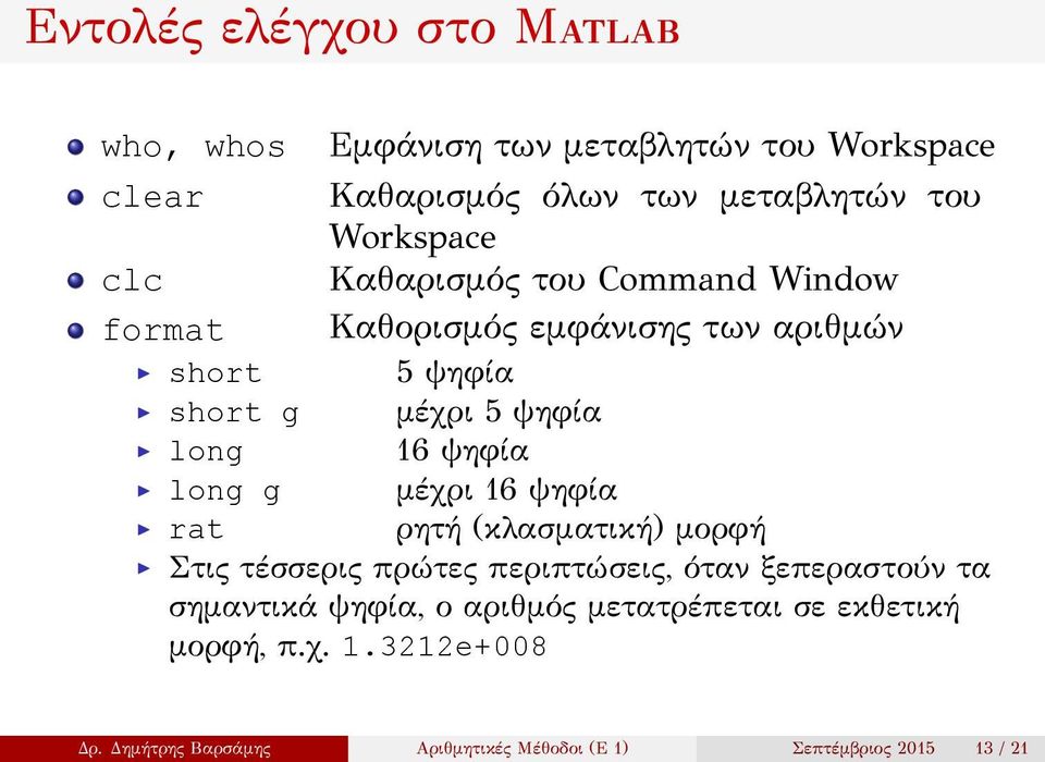 long g μέχρι 16 ψηφία rat ρητή (κλασματική) μορφή Στις τέσσερις πρώτες περιπτώσεις, όταν ξεπεραστούν τα σημαντικά ψηφία, ο