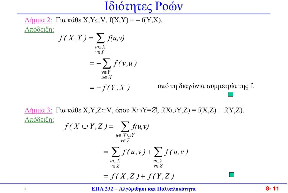 συµµετρία της f. Λήµµα 3: Για κάθε Χ,Υ,Z V, όπου Χ Y, f(x Υ,Z) f(x,z) + f(y,z).