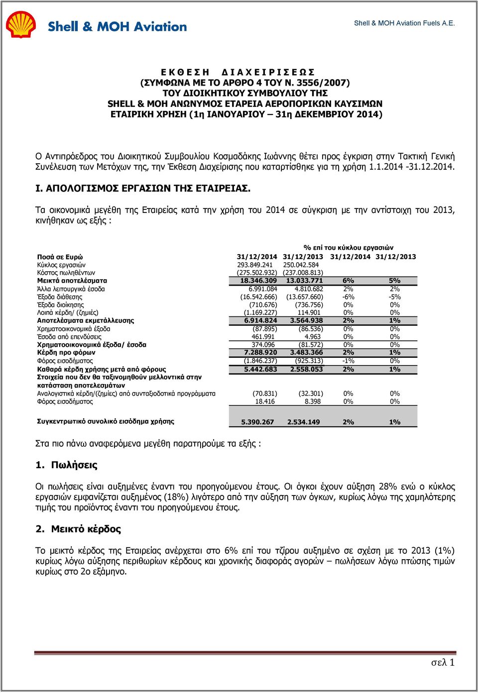 Ιωάννης θέτει προς έγκριση στην Τακτική Γενική Συνέλευση των Μετόχων της, την Έκθεση Διαχείρισης που καταρτίσθηκε για τη χρήση 1.1.2014-31.12.2014. Ι. ΑΠΟΛΟΓΙΣΜΟΣ ΕΡΓΑΣΙΩΝ ΤΗΣ ΕΤΑΙΡΕΙΑΣ.