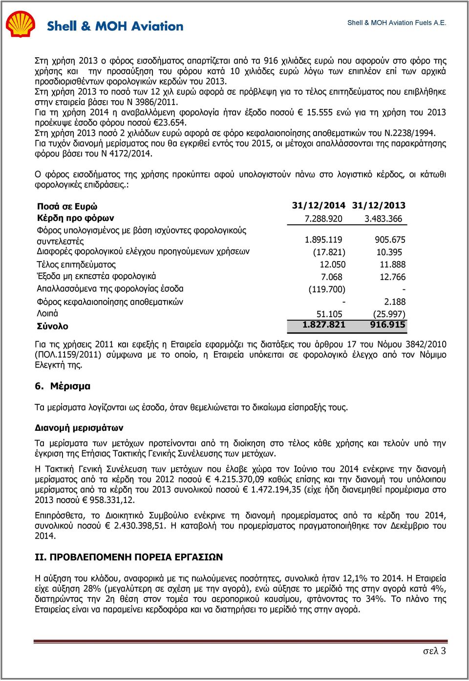 Για τη χρήση 2014 η αναβαλλόμενη φορολογία ήταν έξοδο ποσού 15.555 ενώ για τη χρήση του 2013 προέκυψε έσοδο φόρου ποσού 23.654.