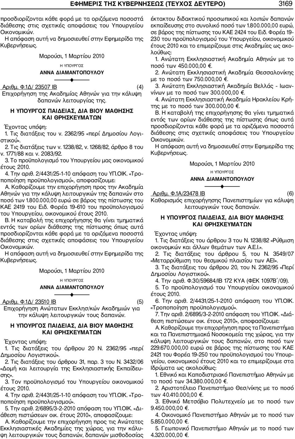 2/4431/25 1 10 απόφαση του ΥΠ.ΟΙΚ. «Τρο ποποίηση προϋπολογισµού», αποφασίζουµε: Α. Καθορίζουµε την επιχορήγηση προς την Ακαδηµία Αθηνών για την κάλυψη λειτουργικών της δαπανών στο ποσό των 1.800.