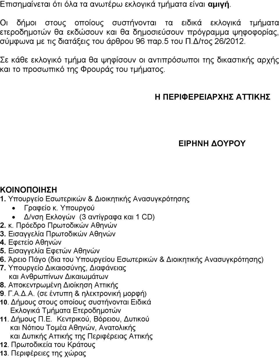 Σε κάθε εκλογικό τμήμα θα ψηφίσουν οι αντιπρόσωποι της δικαστικής αρχής και το προσωπικό της Φρουράς του τμήματος. Η ΠΕΡΙΦΕΡΕΙΑΡΧΗΣ ΑΤΤΙΚΗΣ ΕΙΡΗΝΗ ΔΟΥΡΟΥ ΚΟΙΝΟΠΟΙΗΣΗ 1.