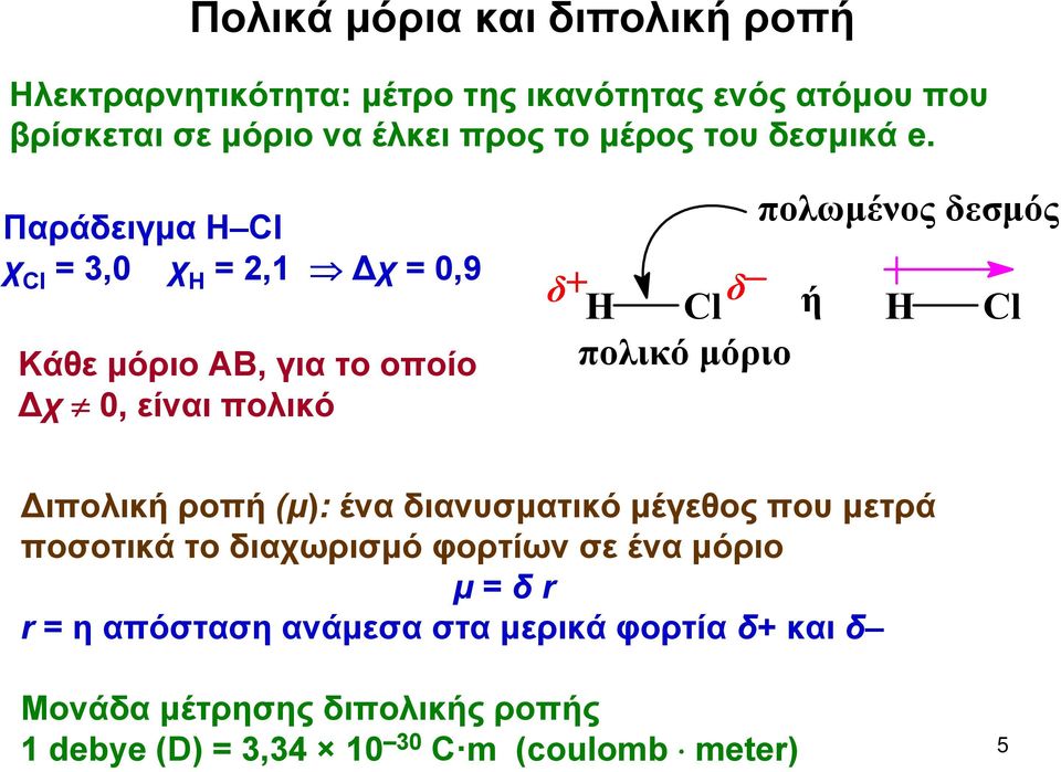 Παράδειγμα Η Cl χ Cl = 3,0 χ Η = 2,1 χ = 0,9 Κάθε μόριο ΑΒ, για το οποίο χ 0, είναι πολικό πολωμένος δεσμός δ+ δ Cl ή Cl