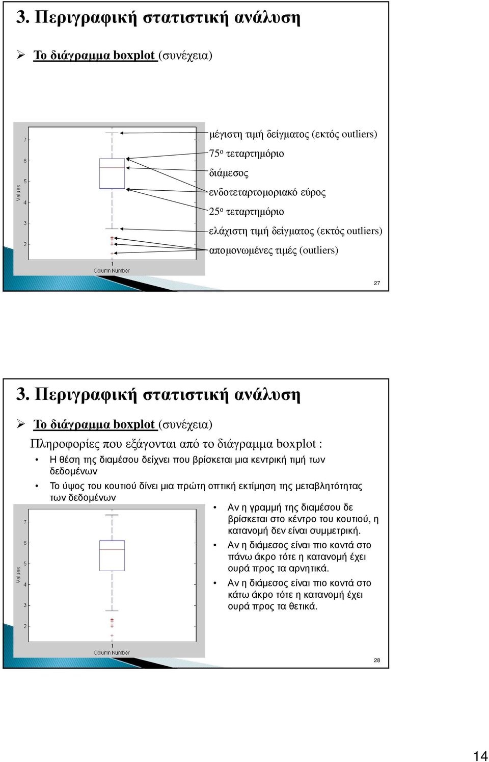 Περιγραφική στατιστική ανάλυση Το διάγραµµα boxplot (συνέχεια) Πληροφορίες που εξάγονται από το διάγραµµα boxplot : Η θέση της διαµέσου δείχνει που βρίσκεται µια κεντρική τιµή των δεδοµένων Το ύψος