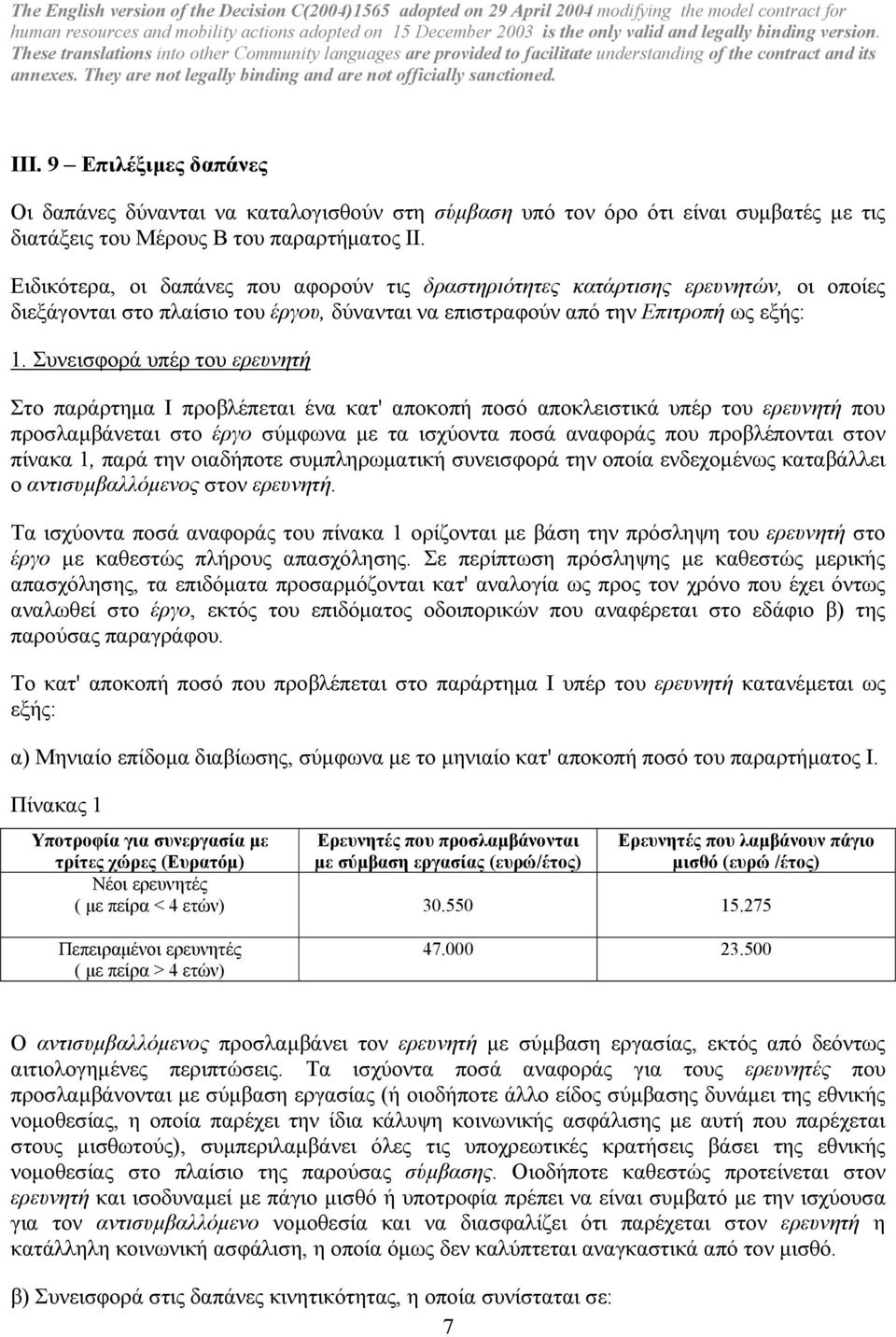 Συνεισφορά υπέρ του ερευνητή Στο παράρτηµα Ι προβλέπεται ένα κατ' αποκοπή ποσό αποκλειστικά υπέρ του ερευνητή που προσλαµβάνεται στο έργο σύµφωνα µε τα ισχύοντα ποσά αναφοράς που προβλέπονται στον