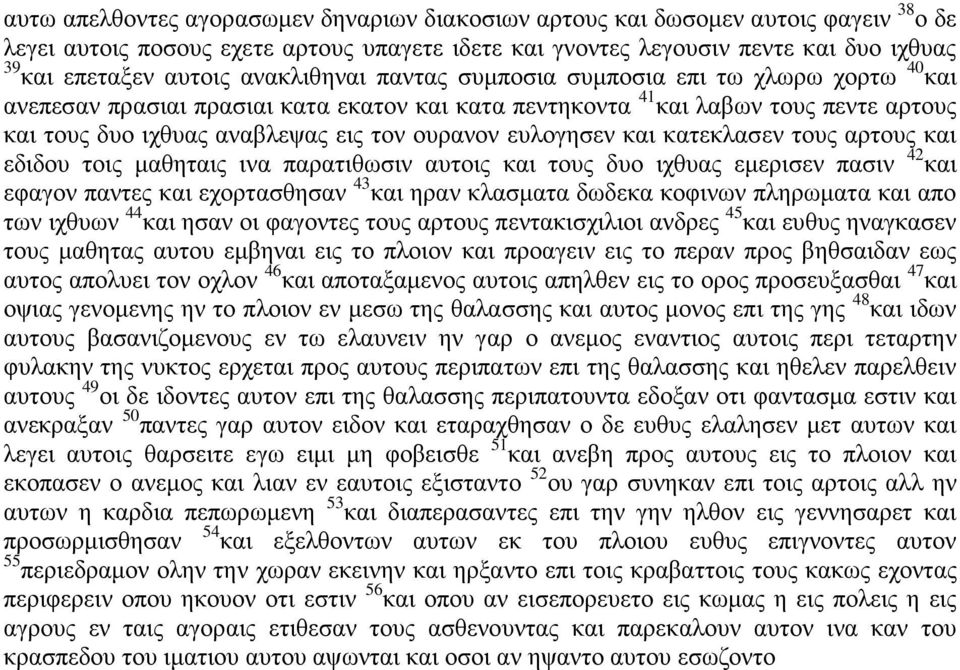 ευλογησεν και κατεκλασεν τους αρτους και εδιδου τοις μαθηταις ινα παρατιθωσιν αυτοις και τους δυο ιχθυας εμερισεν πασιν 42 και εφαγον παντες και εχορτασθησαν 43 και ηραν κλασματα δωδεκα κοφινων