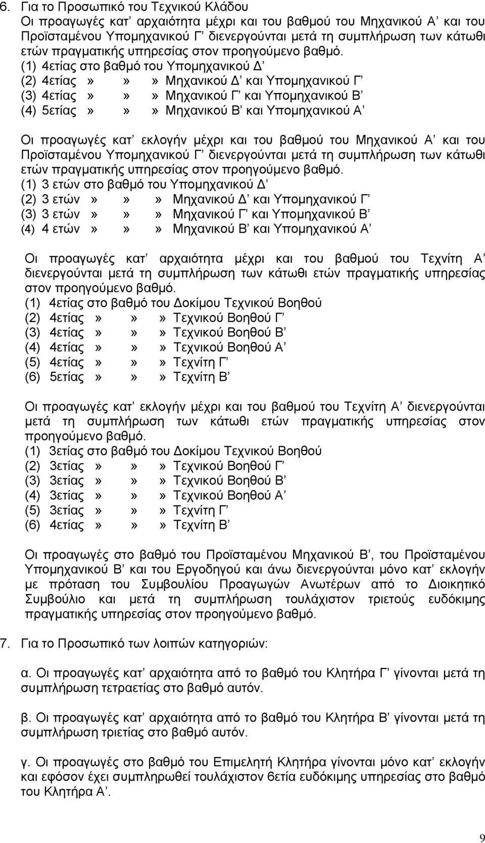 (1) 4ετίας στο βαθμό του Υπομηχανικού Δ (2) 4ετίας»»» Μηχανικού Δ και Υπομηχανικού Γ (3) 4ετίας»»» Μηχανικού Γ και Υπομηχανικού Β (4) 5ετίας»»» Μηχανικού Β και Υπομηχανικού Α Οι προαγωγές κατ εκλογήν