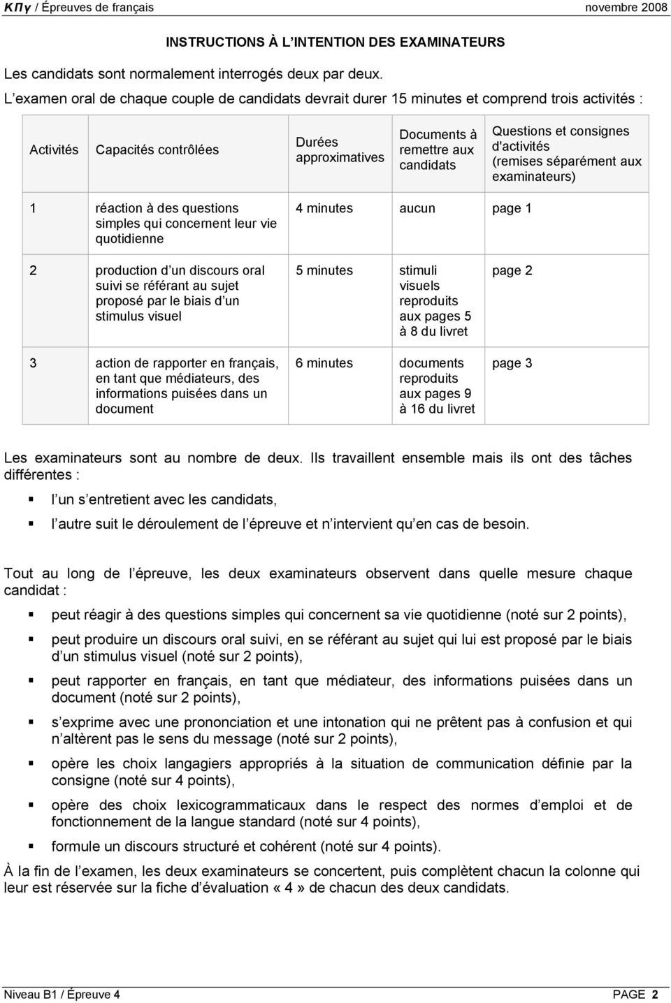 consignes d'activités (remises séparément aux examinateurs) 1 réaction à des questions simples qui concernent leur vie quotidienne 4 minutes aucun page 1 2 production d un discours oral suivi se