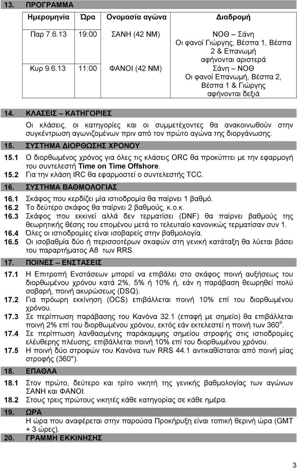 1 Ο διορθωµένος χρόνος για όλες τις κλάσεις ORC θα προκύπτει µε την εφαρµογή του συντελεστή Time on Time Offshore. 15.2 Για την κλάση IRC θα εφαρµοστεί ο συντελεστής TCC. 16. ΣΥΣΤΗΜΑ ΒΑΘΜΟΛΟΓΙΑΣ 16.