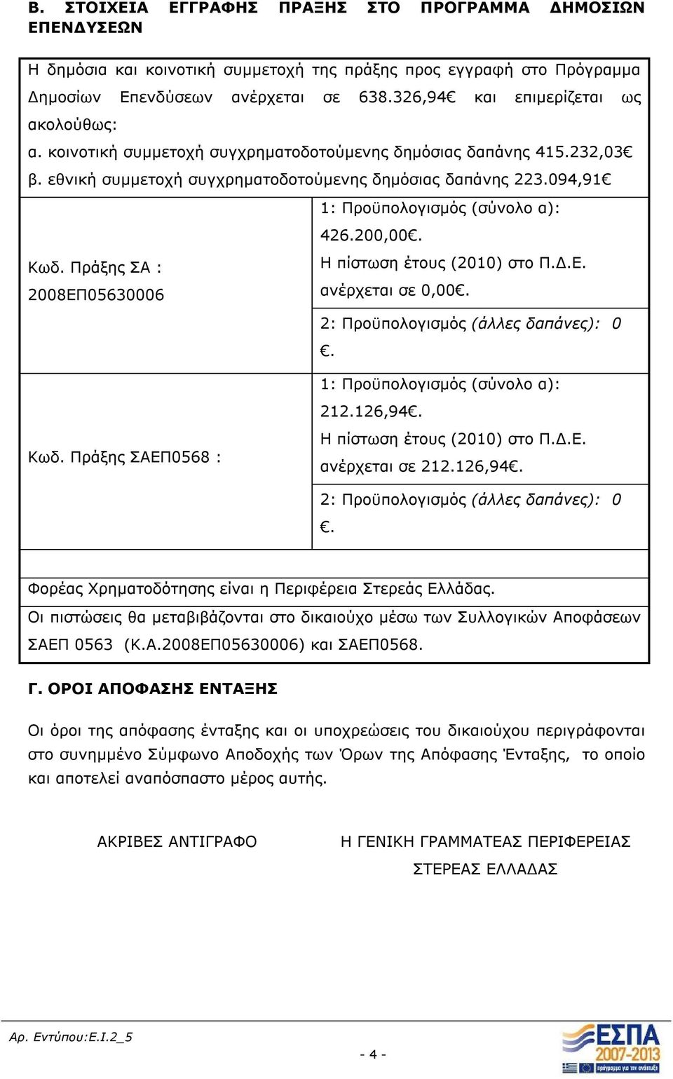 094,91 1: Προϋπολογισμός (σύνολο α): 426.200,00. Κωδ. Πράξης ΣΑ : 2008ΕΠ05630006 Η πίστωση έτους (2010) στο Π.Δ.Ε. ανέρχεται σε 0,00. 2: Προϋπολογισμός (άλλες δαπάνες): 0.