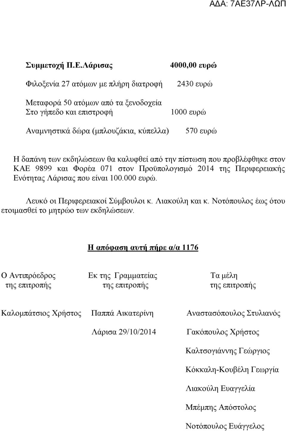 των εκδηλώσεων θα καλυφθεί από την πίστωση που προβλέφθηκε στον ΚΑΕ 9899 και Φορέα 071 στον Προϋπολογισμό 2014 της Περιφερειακής Ενότητας Λάρισας που είναι 100.000 ευρώ.