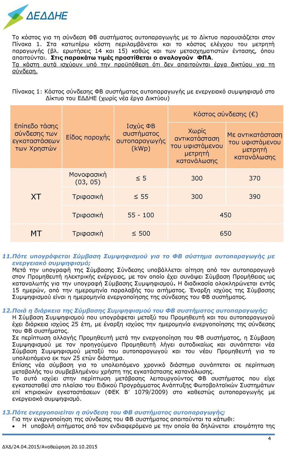 Τα κόστη αυτά ισχύουν υπό την προϋπόθεση ότι δεν απαιτούνται έργα δικτύου για τη σύνδεση.