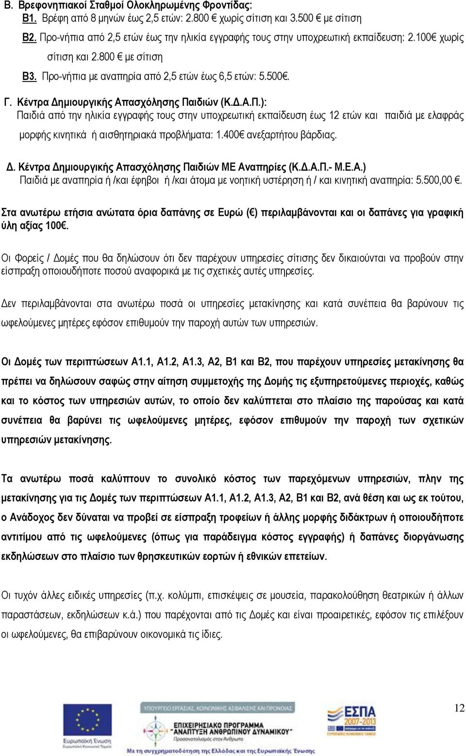 Κέντρα Δημιουργικής Απασχόλησης Παιδιών (Κ.Δ.Α.Π.): Παιδιά από την ηλικία εγγραφής τους στην υποχρεωτική εκπαίδευση έως 12 ετών και παιδιά με ελαφράς μορφής κινητικά ή αισθητηριακά προβλήματα: 1.