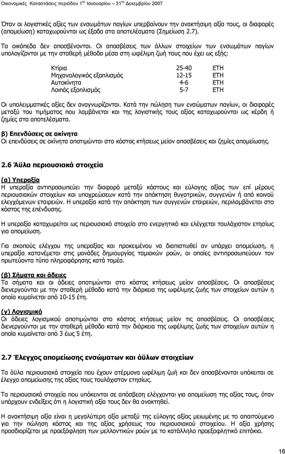 4-6 ΕΤΗ Λοιπός εξοπλισµός 5-7 ΕΤΗ Οι υπολειµµατικές αξίες δεν αναγνωρίζονται.