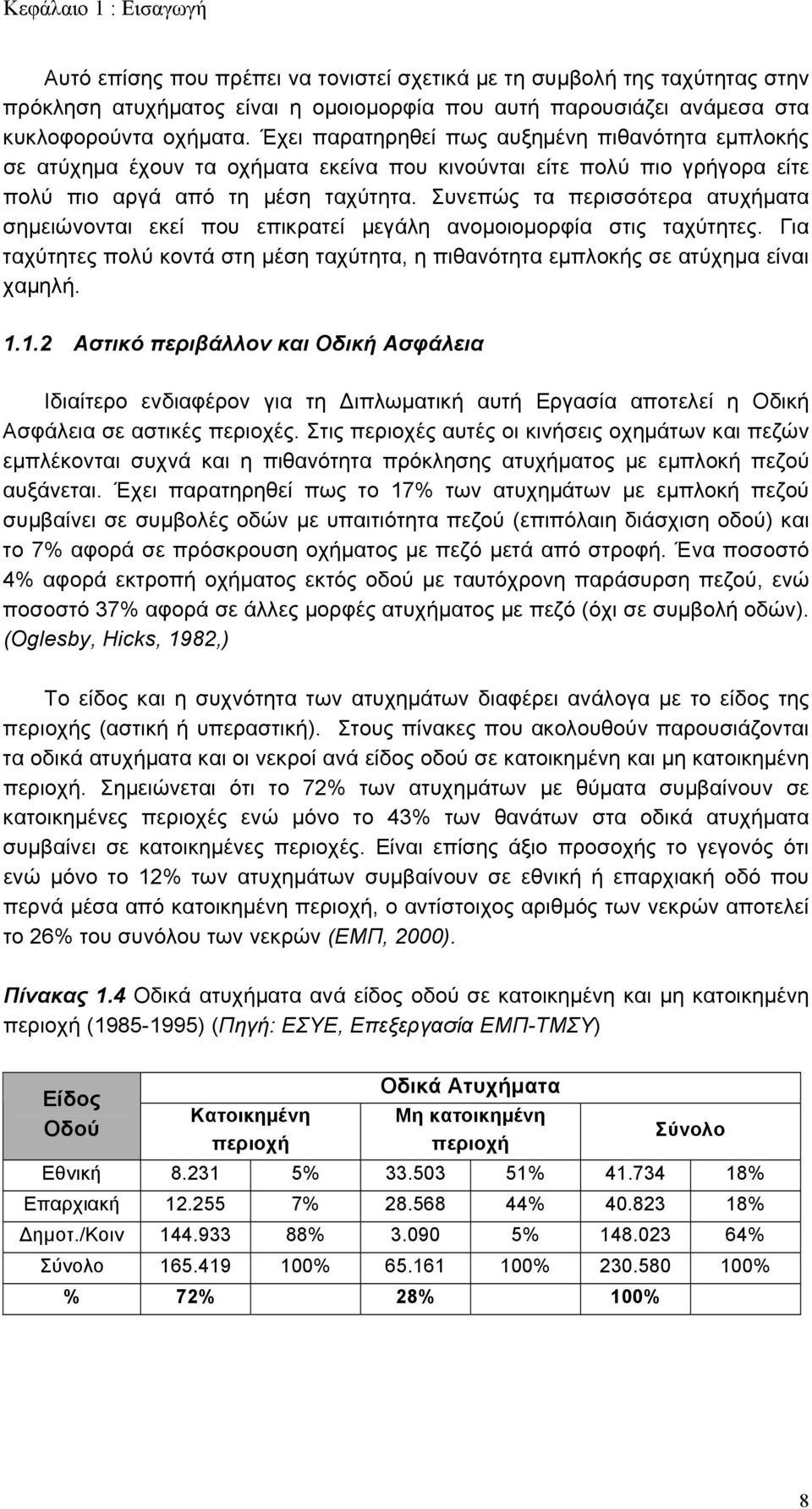 Συνεπώς τα περισσότερα ατυχήματα σημειώνονται εκεί που επικρατεί μεγάλη ανομοιομορφία στις ταχύτητες. Για ταχύτητες πολύ κοντά στη μέση ταχύτητα, η πιθανότητα εμπλοκής σε ατύχημα είναι χαμηλή. 1.