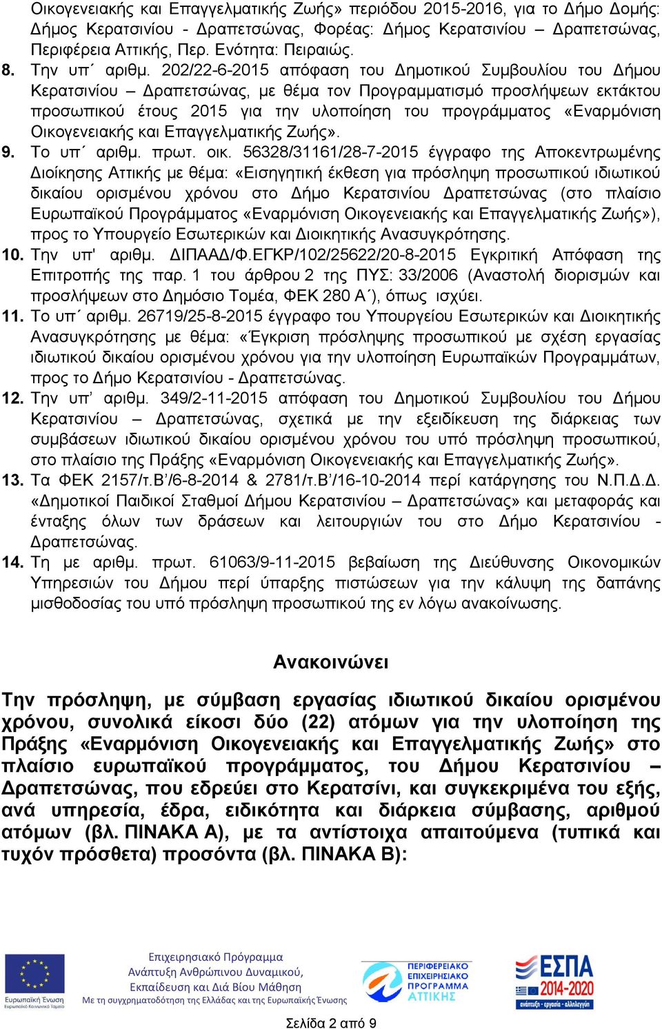 202/22-6-2015 απόφαση του Δημοτικού Συμβουλίου του Δήμου Κερατσινίου Δραπετσώνας, με θέμα τον Προγραμματισμό προσλήψεων εκτάκτου προσωπικού έτους 2015 για την υλοποίηση του προγράμματος «Εναρμόνιση