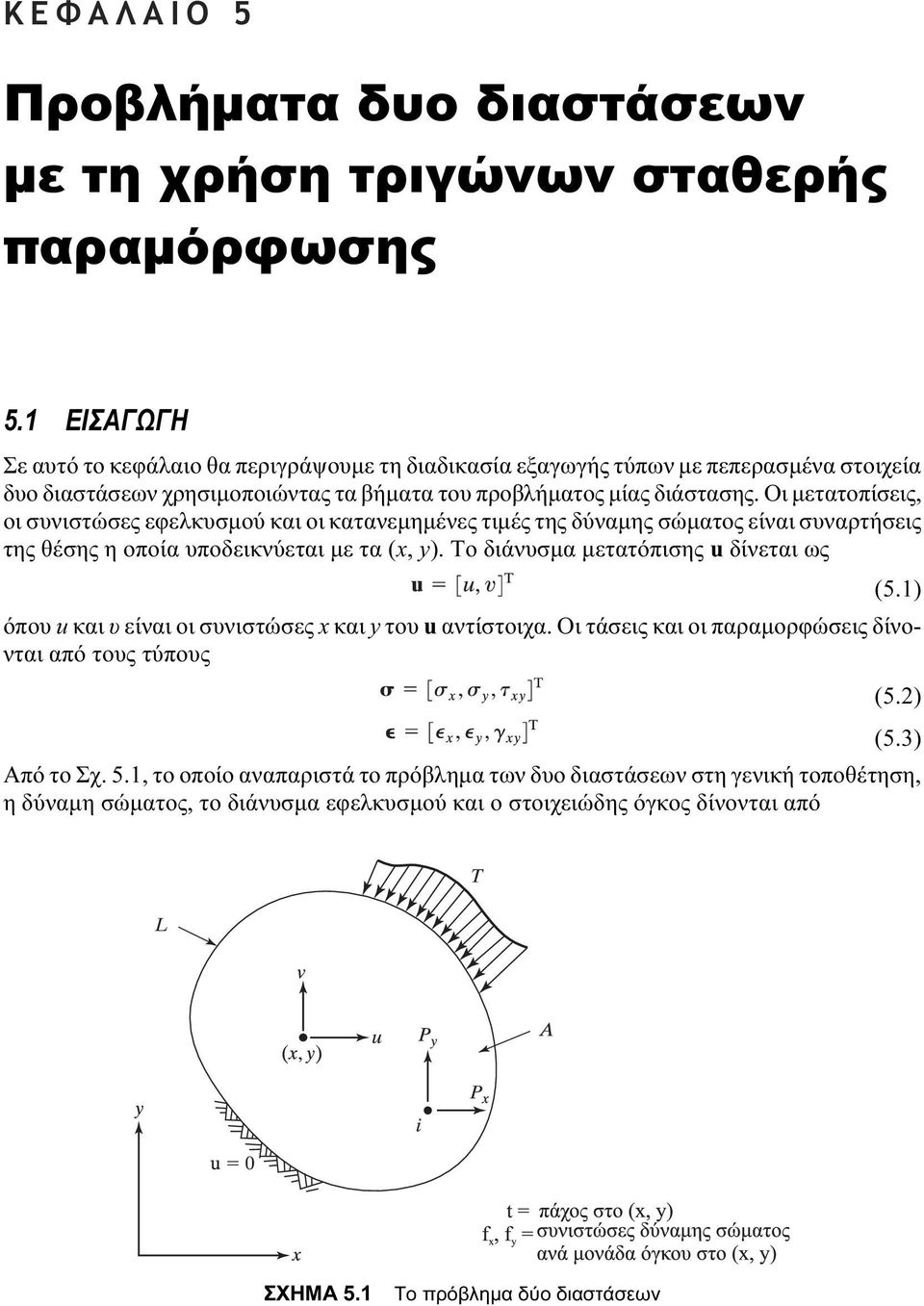 Οι μετατοπίσεις, οι συνιστώσες εφελκυσμού και οι κατανεμημένες τιμές της δύναμης σώματος είναι συναρτήσεις της θέσης η οποία υποδεικνύεται με τα (x, y). Το διάνυσμα μετατόπισης u δίνεται ως (5.