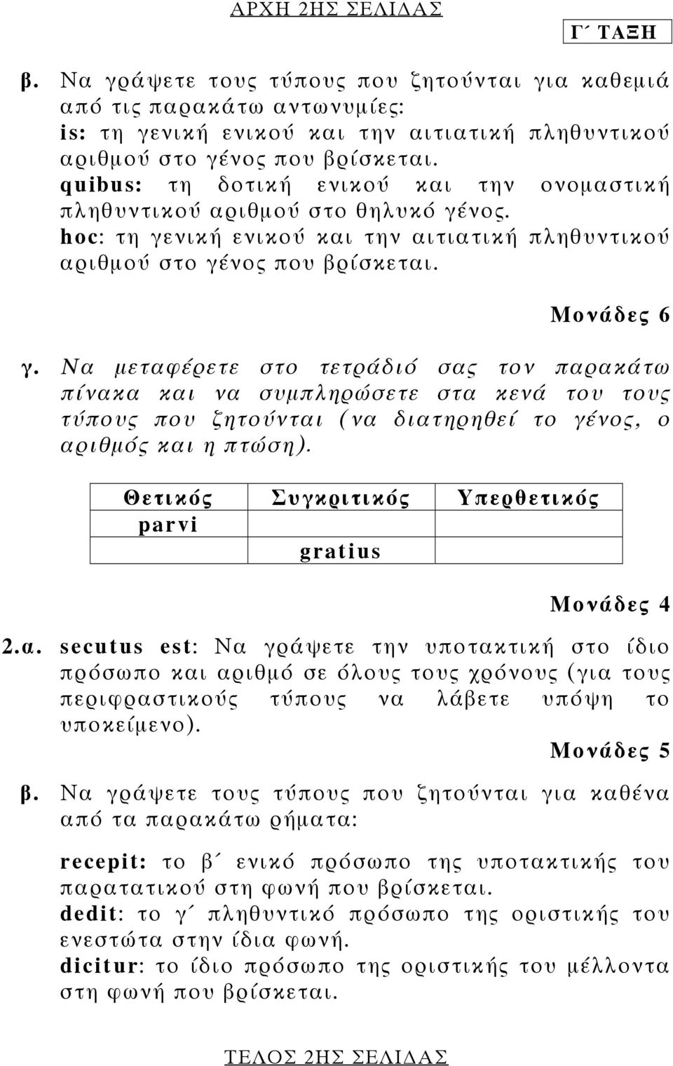 Να µεταφέρετε στο τετράδιό σας τον παρακάτω πίνακα και να συµπληρώσετε στα κενά του τους τύπους που ζητούνται (να διατηρηθεί το γένος, ο αριθµός και η πτώση).