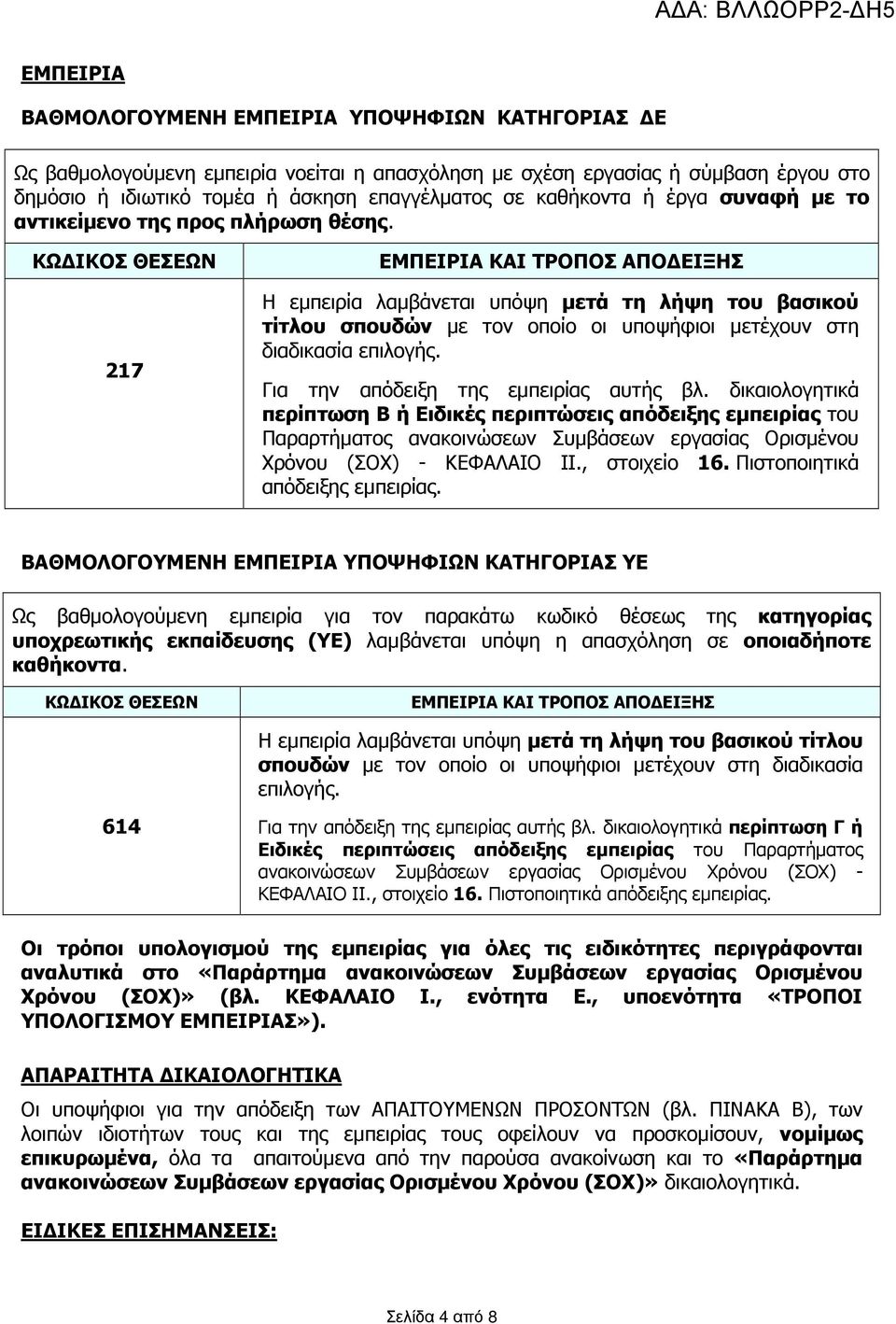 ΚΩ ΙΚΟΣ ΘΕΣΕΩΝ 217 ΕΜΠΕΙΡΙΑ ΚΑΙ ΤΡΟΠΟΣ ΑΠΟ ΕΙΞΗΣ Η εµπειρία λαµβάνεται υπόψη µετά τη λήψη του βασικού τίτλου σπουδών µε τον οποίο οι υποψήφιοι µετέχουν στη διαδικασία επιλογής.