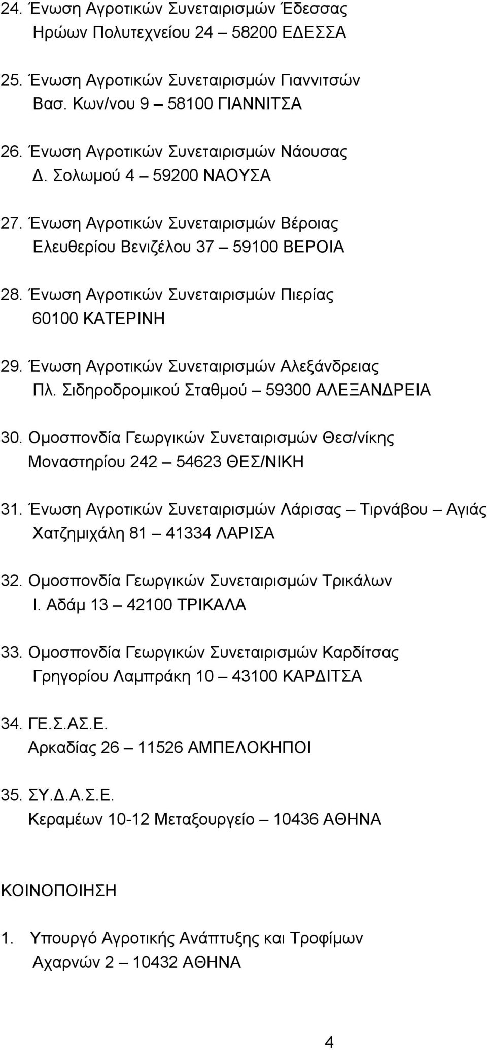 Ένωση Αγροτικών Συνεταιρισμών Αλεξάνδρειας Πλ. Σιδηροδρομικού Σταθμού 59300 ΑΛΕΞΑΝΔΡΕΙΑ 30. Ομοσπονδία Γεωργικών Συνεταιρισμών Θεσ/νίκης Μοναστηρίου 242 54623 ΘΕΣ/ΝΙΚΗ 31.