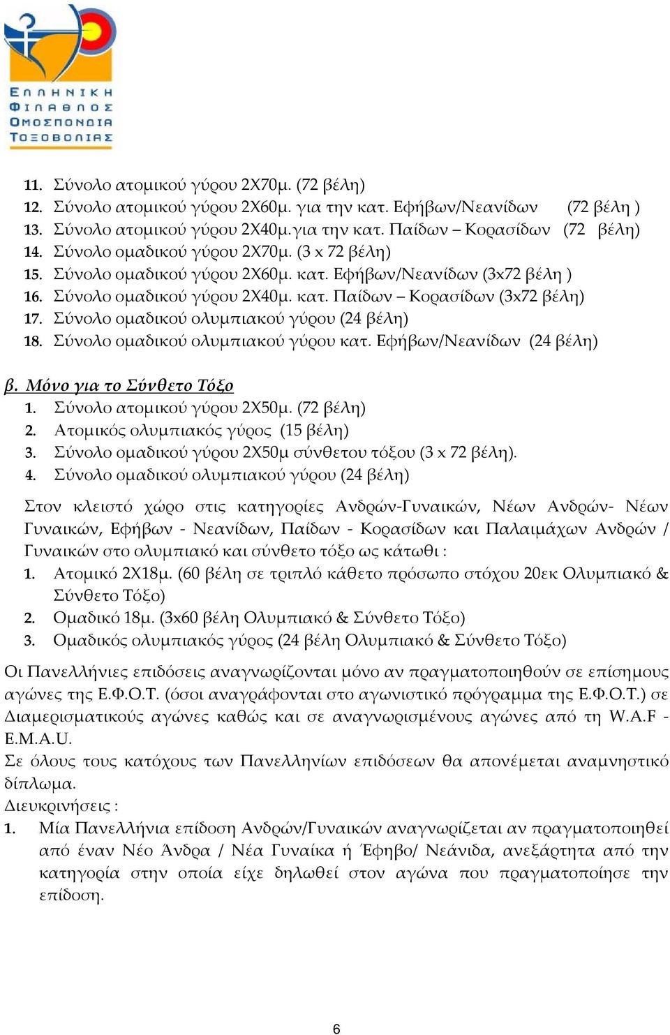 Σύνολο ομαδικού ολυμπιακού γύρου (24 βέλη) 18. Σύνολο ομαδικού ολυμπιακού γύρου κατ. Εφήβων/Νεανίδων (24 βέλη) β. Μόνο για το Σύνθετο Τόξο 1. Σύνολο ατομικού γύρου 2Χ50μ. (72 βέλη) 2.