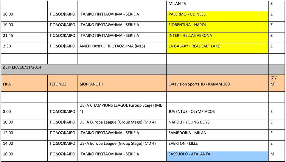 SportsHD - ΚΑΝΑΛΙ 200 ( / Μ) 8:00 ΠΟΔΟΣΦΑΙΡΟ 4) JUVENTUS - OLYMPIACOS E 10:00 ΠΟΔΟΣΦΑΙΡΟ UEFA Europa League (Group Stage) (MD 4) NAPOLI - YOUNG BOYS E 12:00 ΠΟΔΟΣΦΑΙΡΟ