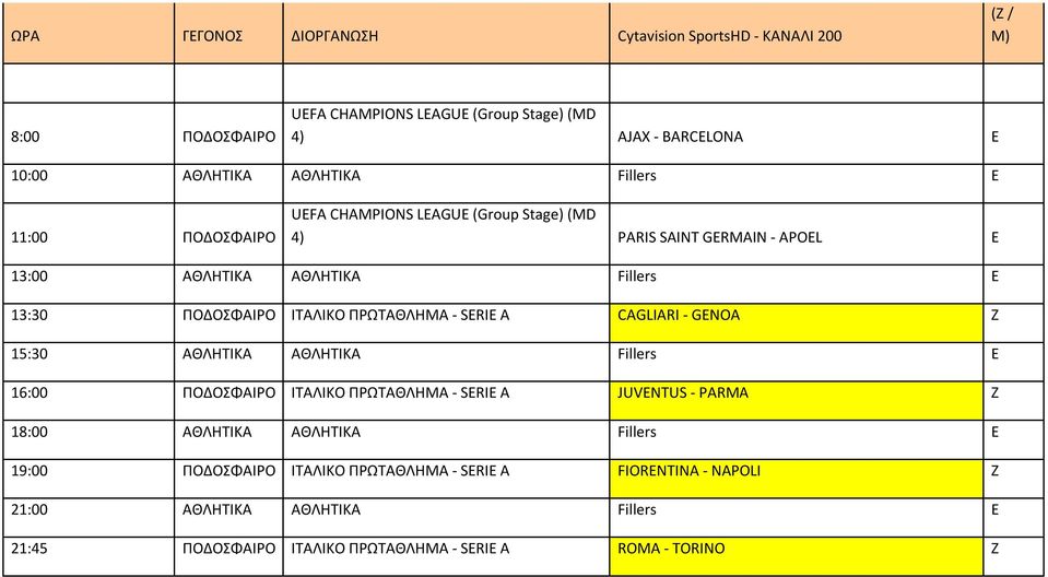 15:30 ΑΘΛΗΤΙΚΑ ΑΘΛΗΤΙΚΑ Fillers E 16:00 ΠΟΔΟΣΦΑΙΡΟ ΙΤΑΛΙΚΟ ΠΡΩΤΑΘΛΗΜΑ - SERIE A JUVENTUS - PARMA Ζ 18:00 ΑΘΛΗΤΙΚΑ ΑΘΛΗΤΙΚΑ Fillers E 19:00