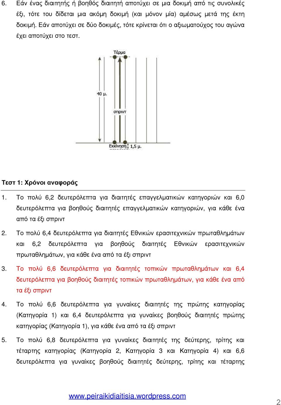 Το πολύ 6,2 δευτερόλεπτα για διαιτητές επαγγελµατικών κατηγοριών και 6,0 δευτερόλεπτα για βοηθούς διαιτητές επαγγελµατικών κατηγοριών, για κάθε ένα από τα έξι σπριντ 2.