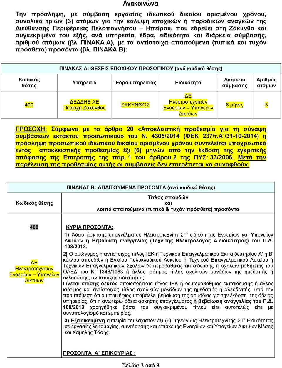ΠΙΝΑΚΑ Α), µε τα αντίστοιχα απαιτούµενα (τυπικά και τυχόν πρόσθετα) προσόντα (βλ.