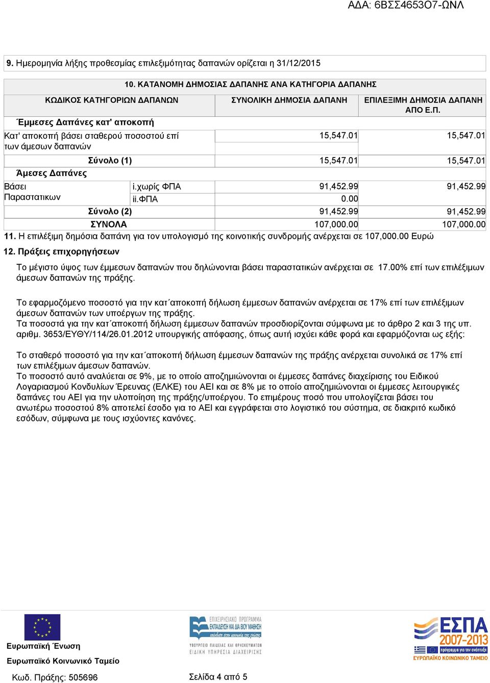 χωρίς ΦΠΑ ii.φπα Σύνολο (2) 0.00 ΣΥΝΟΛΑ 107,000.00 107,000.00 11. Η επιλέξιμη δημόσια δαπάνη για τον υπολογισμό της κοινοτικής συνδρομής ανέρχεται σε 107,000.00 Ευρώ 12.