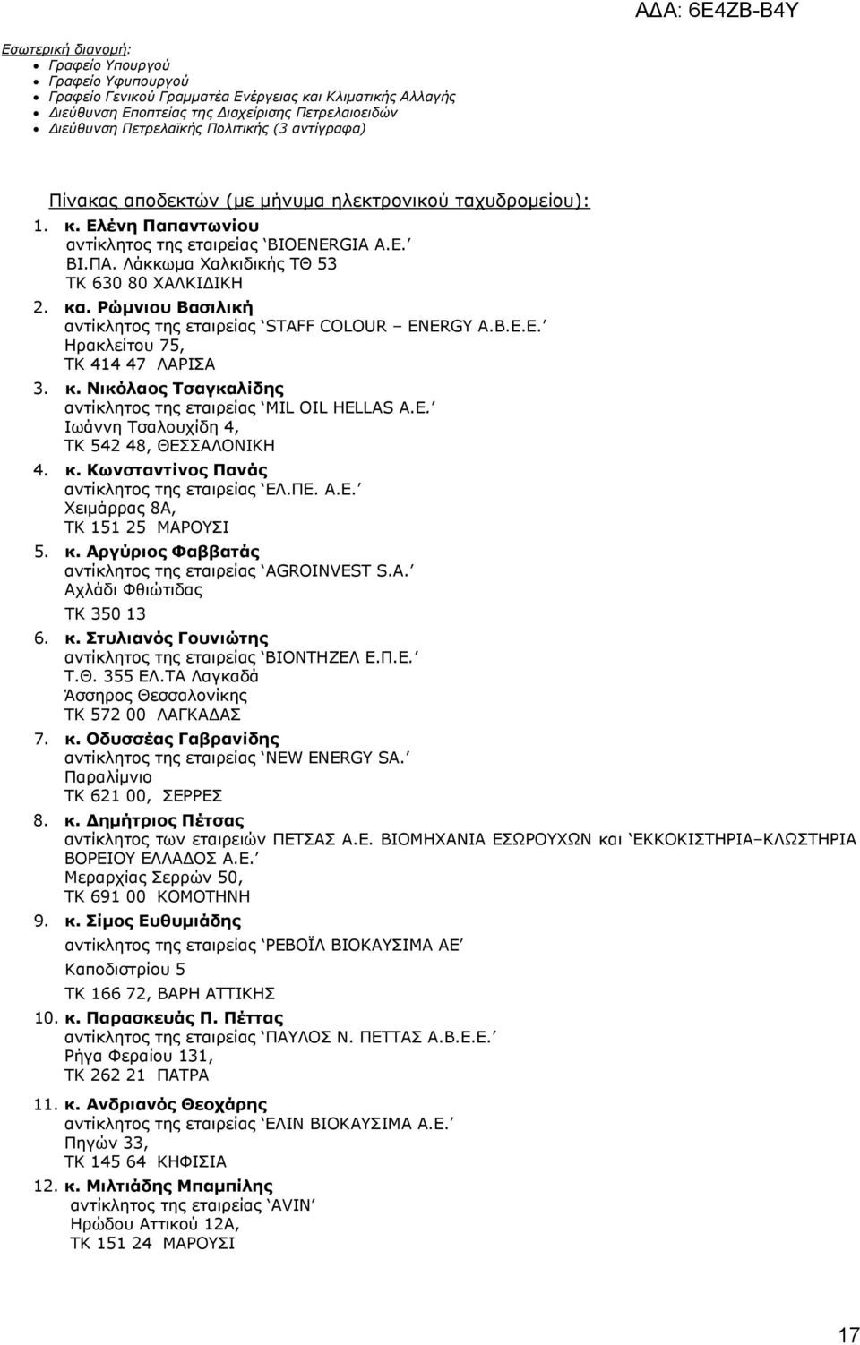 Οώκληνπ Βαζηιηθή αληίθιεηνο ηεο εηαηξείαο STAFF COLOUR ENERGY Α.Β.Δ.Δ. Ζξαθιείηνπ 75, ΡΘ 414 47 ΙΑΟΗΠΑ 3. θ. Ληθόιανο Ρζαγθαιίδεο αληίθιεηνο ηεο εηαηξείαο MIL OIL HELLAS Α.Δ. Ησάλλε Ρζαινπρίδε 4, ΡΘ 542 48, ΘΔΠΠΑΙΝΛΗΘΖ 4.