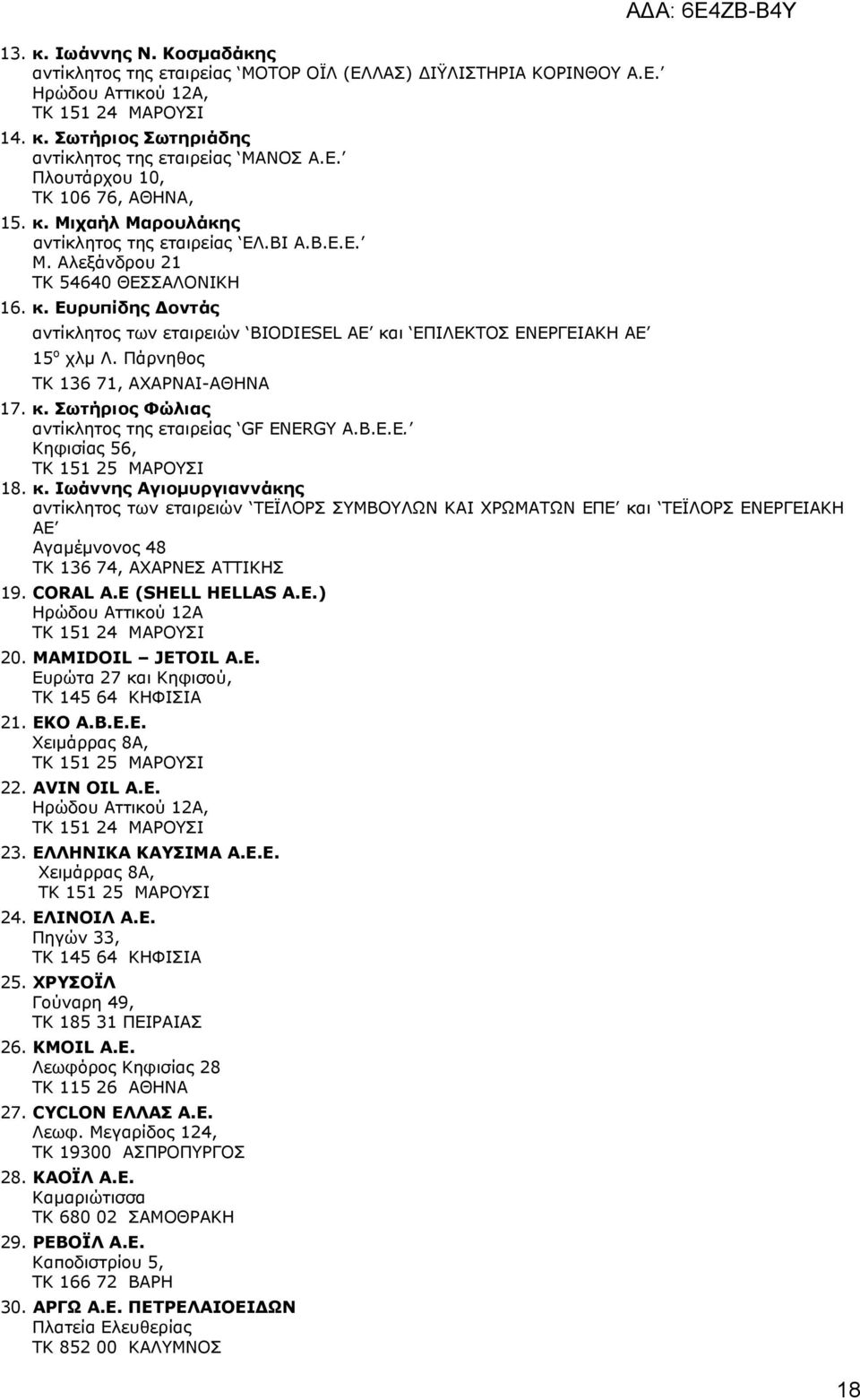 Ξάξλεζνο ΡΘ 136 71, ΑΣΑΟΛΑΗ-ΑΘΖΛΑ 17. θ. Πωηήξηνο Φώιηαο αληίθιεηνο ηεο εηαηξείαο GF ENERGY A.B.E.E. Θεθηζίαο 56, ΡΘ 151 25 ΚΑΟΝΠΗ 18. θ. Ηωάλλεο Αγηνκπξγηαλλάθεο αληίθιεηνο ησλ εηαηξεηψλ ΡΔΪΙΝΟΠ ΠΚΒΝΙΩΛ ΘΑΗ ΣΟΩΚΑΡΩΛ ΔΞΔ θαη ΡΔΪΙΝΟΠ ΔΛΔΟΓΔΗΑΘΖ ΑΔ Αγακέκλνλνο 48 ΡΘ 136 74, ΑΣΑΟΛΔΠ ΑΡΡΗΘΖΠ 19.