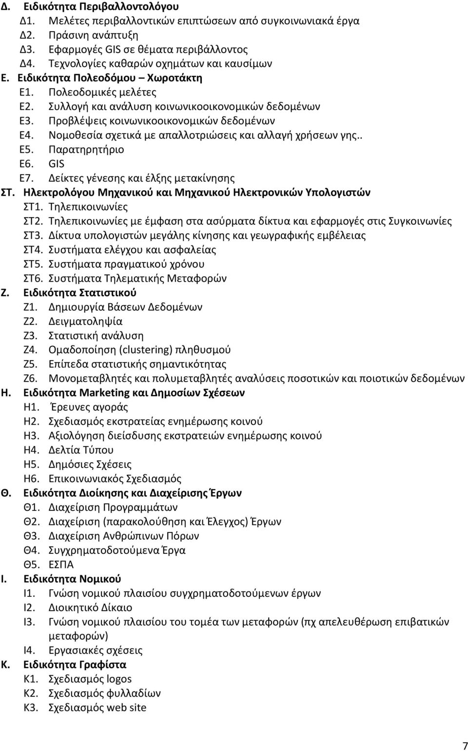 Προβλέψεις κοινωνικοοικονομικών δεδομένων Ε4. Νομοθεσία σχετικά με απαλλοτριώσεις και αλλαγή χρήσεων γης.. Ε5. Παρατηρητήριο Ε6. GIS Ε7. Δείκτες γένεσης και έλξης μετακίνησης ΣΤ.