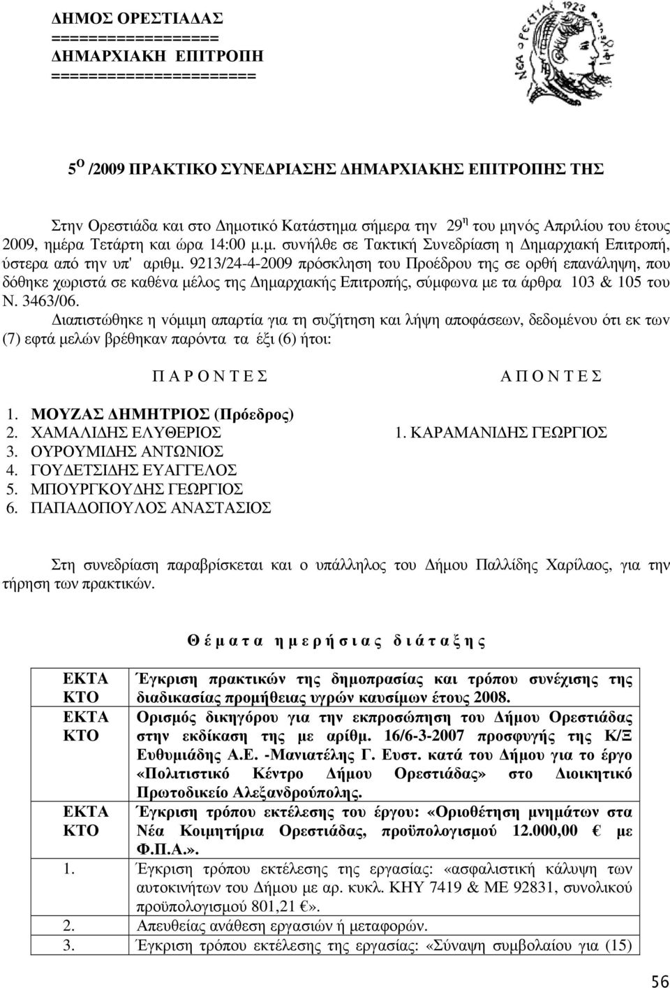 9213/24-4-2009 πρόσκληση τoυ Πρoέδρoυ της σε ορθή επανάληψη, πoυ δόθηκε χωριστά σε καθέvα µέλoς της ηµαρχιακής Επιτρoπής, σύµφωvα µε τα άρθρα 103 & 105 τoυ Ν. 3463/06.