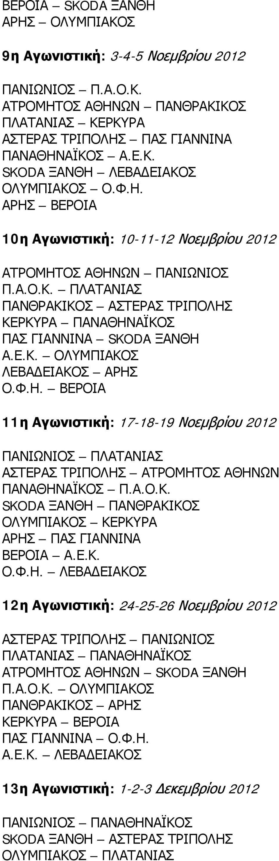 Φ.Η. ΒΕΡΟΙΑ 11η Αγωνιστική: 17-18-19 Νοεμβρίου 2012 ΠΑΝΙΩΝΙΟΣ ΠΛΑΤΑΝΙΑΣ ΑΣΤΕΡΑΣ ΤΡΙΠΟΛΗΣ ΑΤΡΟΜΗΤΟΣ ΑΘΗΝΩΝ ΠΑΝΑΘΗΝΑΪΚΟΣ Π.Α.Ο.Κ. SKODA ΞΑΝΘΗ ΠΑΝΘΡΑΚΙΚΟΣ ΟΛΥΜΠΙΑΚΟΣ ΚΕΡΚΥΡΑ ΑΡΗΣ ΠΑΣ ΓΙΑΝΝΙΝΑ ΒΕΡΟΙΑ Α.Ε.Κ. Ο.Φ.Η. ΛΕΒΑΔΕΙΑΚΟΣ 12η Αγωνιστική: 24-25-26 Νοεμβρίου 2012 ΑΣΤΕΡΑΣ ΤΡΙΠΟΛΗΣ ΠΑΝΙΩΝΙΟΣ ΠΛΑΤΑΝΙΑΣ ΠΑΝΑΘΗΝΑΪΚΟΣ ΑΤΡΟΜΗΤΟΣ ΑΘΗΝΩΝ SKODA ΞΑΝΘΗ Π.