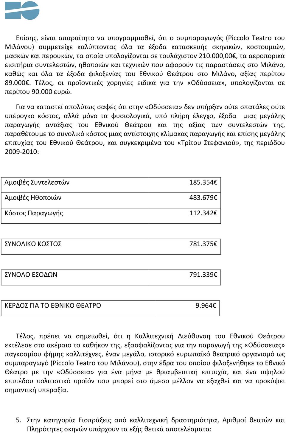 000,00, τα αεροπορικά εισιτήρια συντελεστών, ηθοποιών και τεχνικών που αφορούν τις παραστάσεις στο Μιλάνο, καθώς και όλα τα έξοδα φιλοξενίας του Εθνικού Θεάτρου στο Μιλάνο, αξίας περίπου 89.000. Τέλος, οι προϊοντικές χορηγίες ειδικά για την «Οδύσσεια», υπολογίζονται σε περίπου 90.