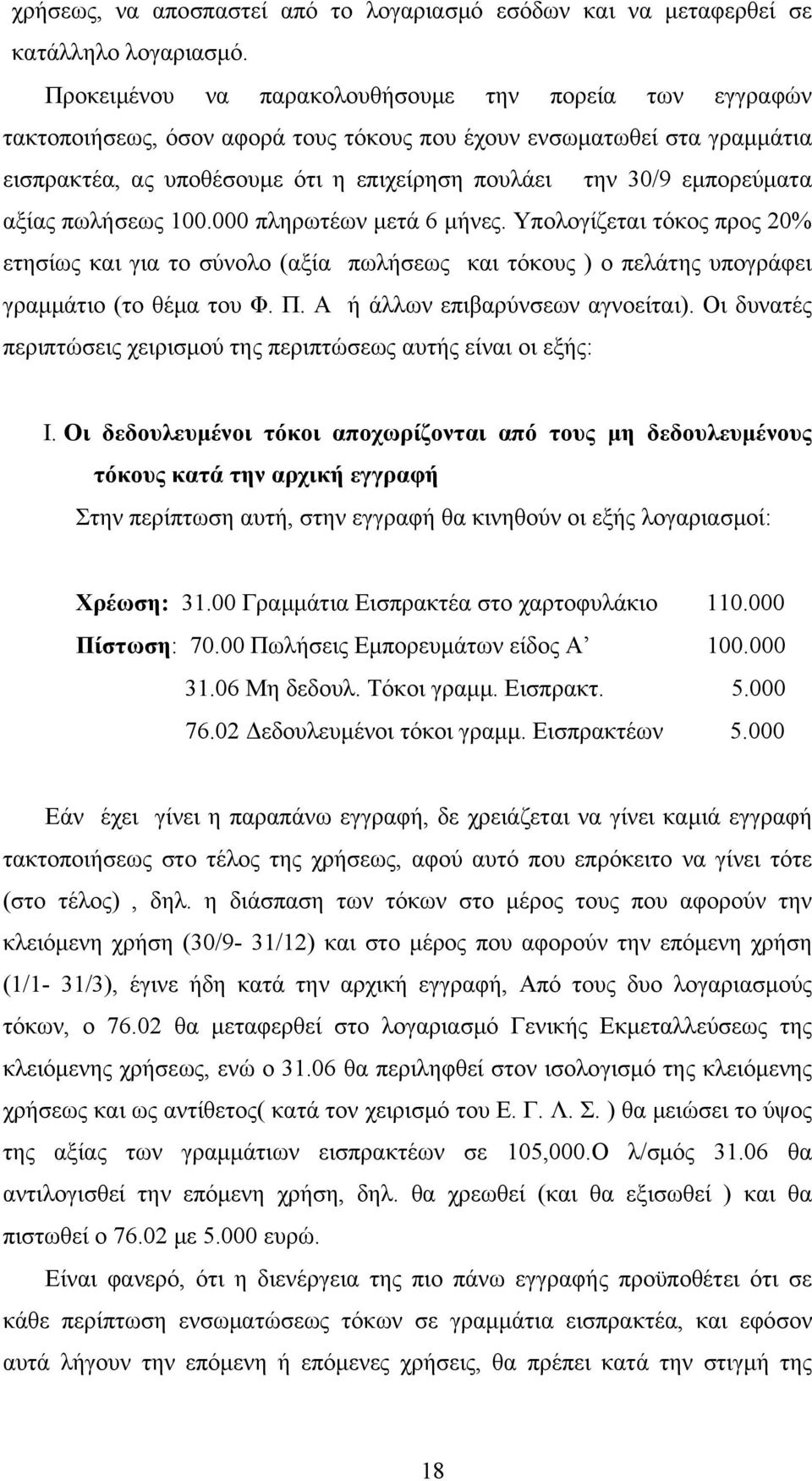 εμπορεύματα αξίας πωλήσεως 100.000 πληρωτέων μετά 6 μήνες. Υπολογίζεται τόκος προς 20% ετησίως και για το σύνολο (αξία πωλήσεως και τόκους ) ο πελάτης υπογράφει γραμμάτιο (το θέμα του Φ. Π.