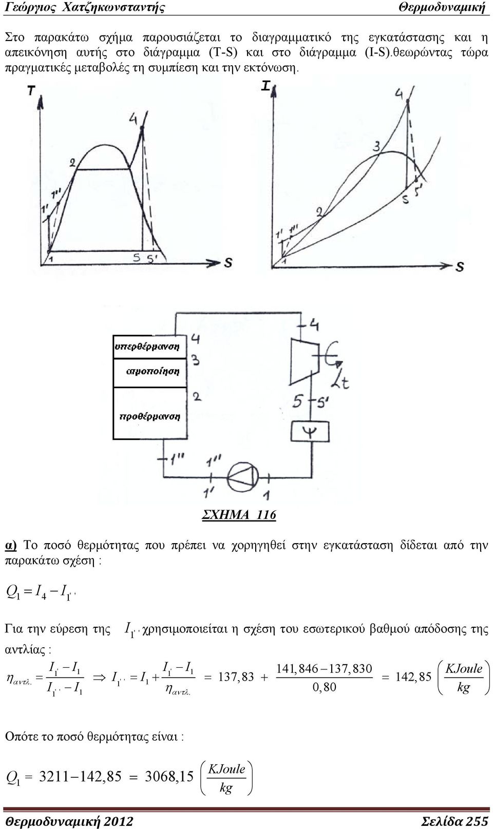 ΣΧΗΜΑ 6 α) Το ποσό θερμότητας που πρέπει να χορηγηθεί στην εγκατάσταση δίδεται από την παρακάτω σχέση : Q I4 I ' ' Για την εύρεση της I '