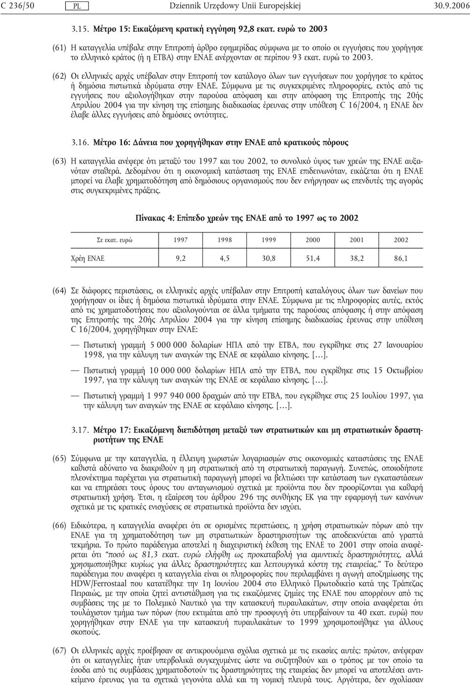 (62) Οι ελληνικές αρχές υπέβαλαν στην Επιτροπή τον κατάλογο όλων των εγγυήσεων που χορήγησε το κράτος ή δηµόσια πιστωτικά ιδρύµατα στην ΕΝΑΕ.