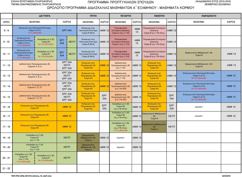 μ.116-τέλος) Εφαρμοσμένα Μαθηματικά Ι (Θ) 11-12 Διαδικαστικός Τμήματα Α, Β, Δ Διαδικαστικός Προγραμματισμός (Θ) Τμήμα Θ3 Εφαρμοσμένα Μαθηματικά Ι (Θ) Διαδικαστικός Τμήματα Α, Β, Δ Διαδικαστικός