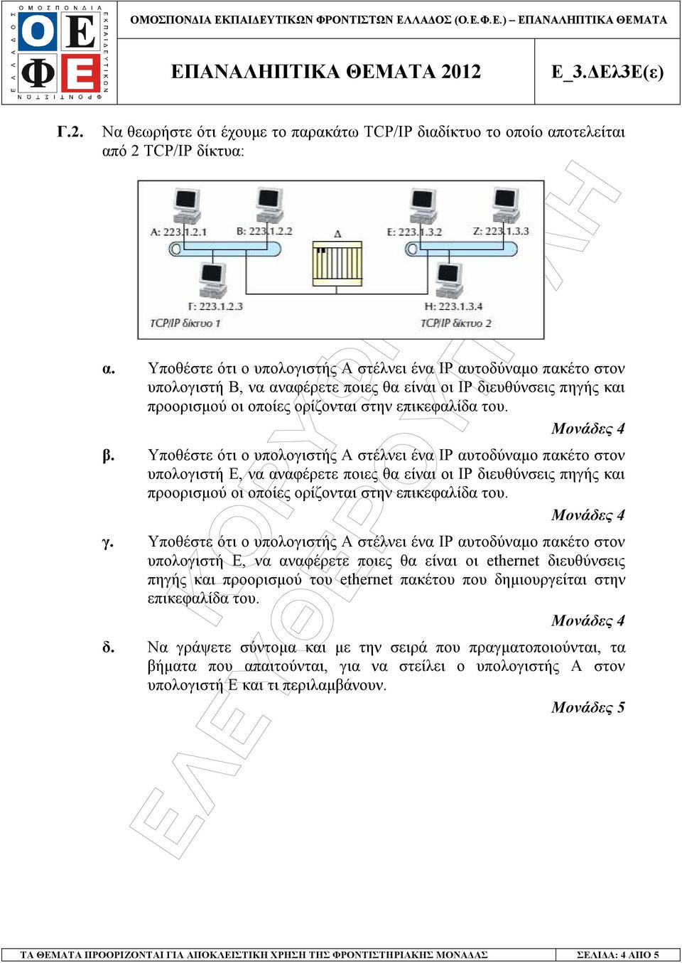 Υποθέστε ότι ο υπολογιστής Α στέλνει ένα IP αυτοδύναµο πακέτο στον υπολογιστή Ε, να αναφέρετε ποιες θα είναι οι IP διευθύνσεις πηγής και προορισµού οι οποίες ορίζονται στην επικεφαλίδα του. γ.