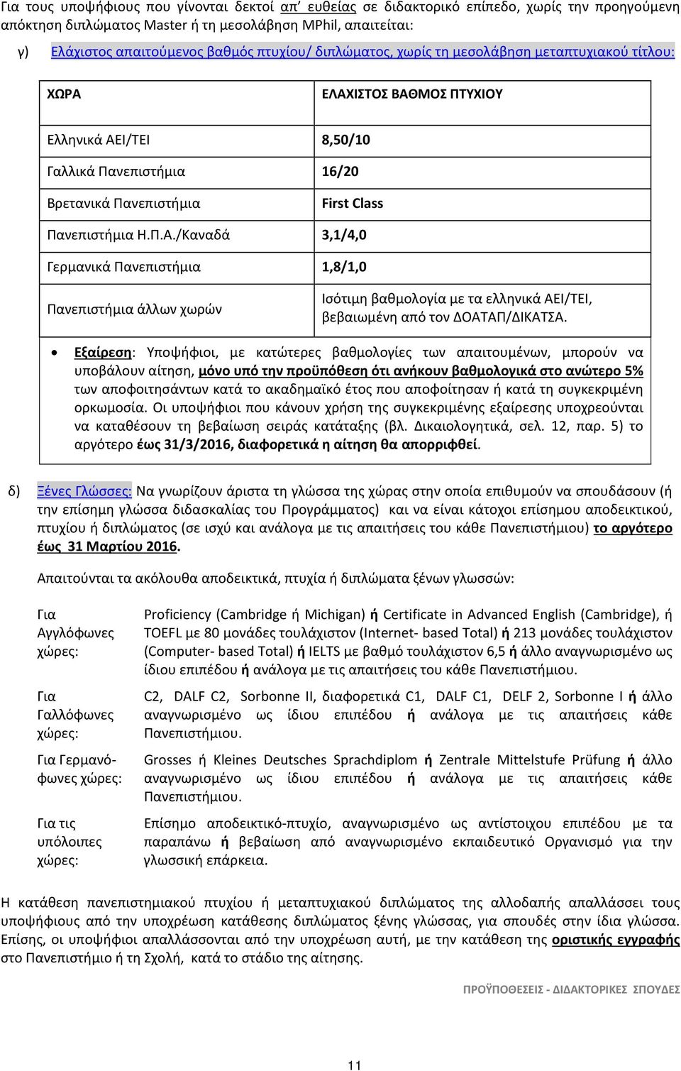 ΕΛΑΧΙΣΤΟΣ ΒΑΘΜΟΣ ΠΤΥΧΙΟΥ Ελληνικά ΑΕΙ/ΤΕΙ 8,50/10 Γαλλικά Πανεπιστήμια 16/20 Βρετανικά Πανεπιστήμια First Class Πανεπιστήμια Η.Π.Α./Καναδά 3,1/4,0 Γερμανικά Πανεπιστήμια 1,8/1,0 Πανεπιστήμια άλλων χωρών Ισότιμη βαθμολογία με τα ελληνικά ΑΕΙ/ΤΕΙ, βεβαιωμένη από τον ΔΟΑΤΑΠ/ΔΙΚΑΤΣΑ.
