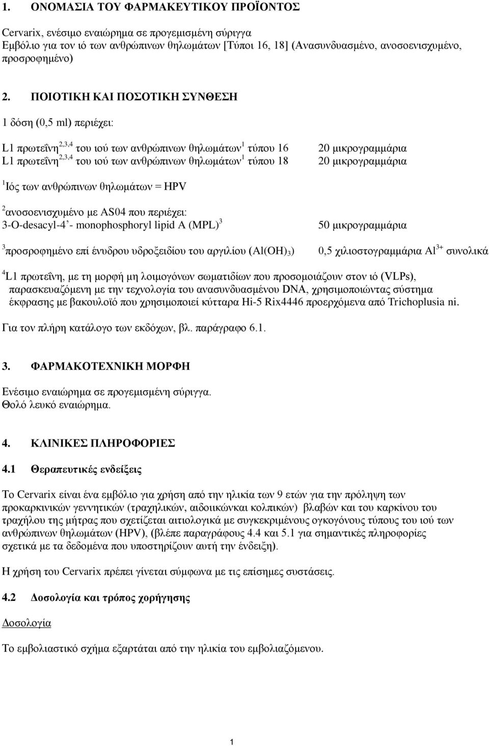 μικρογραμμάρια 20 μικρογραμμάρια 1 Ιός των ανθρώπινων θηλωμάτων = HPV 2 ανοσοενισχυμένο με AS04 που περιέχει: 3-O-desacyl-4 - monophosphoryl lipid A (MPL) 3 50 μικρογραμμάρια 3 προσροφημένο επί