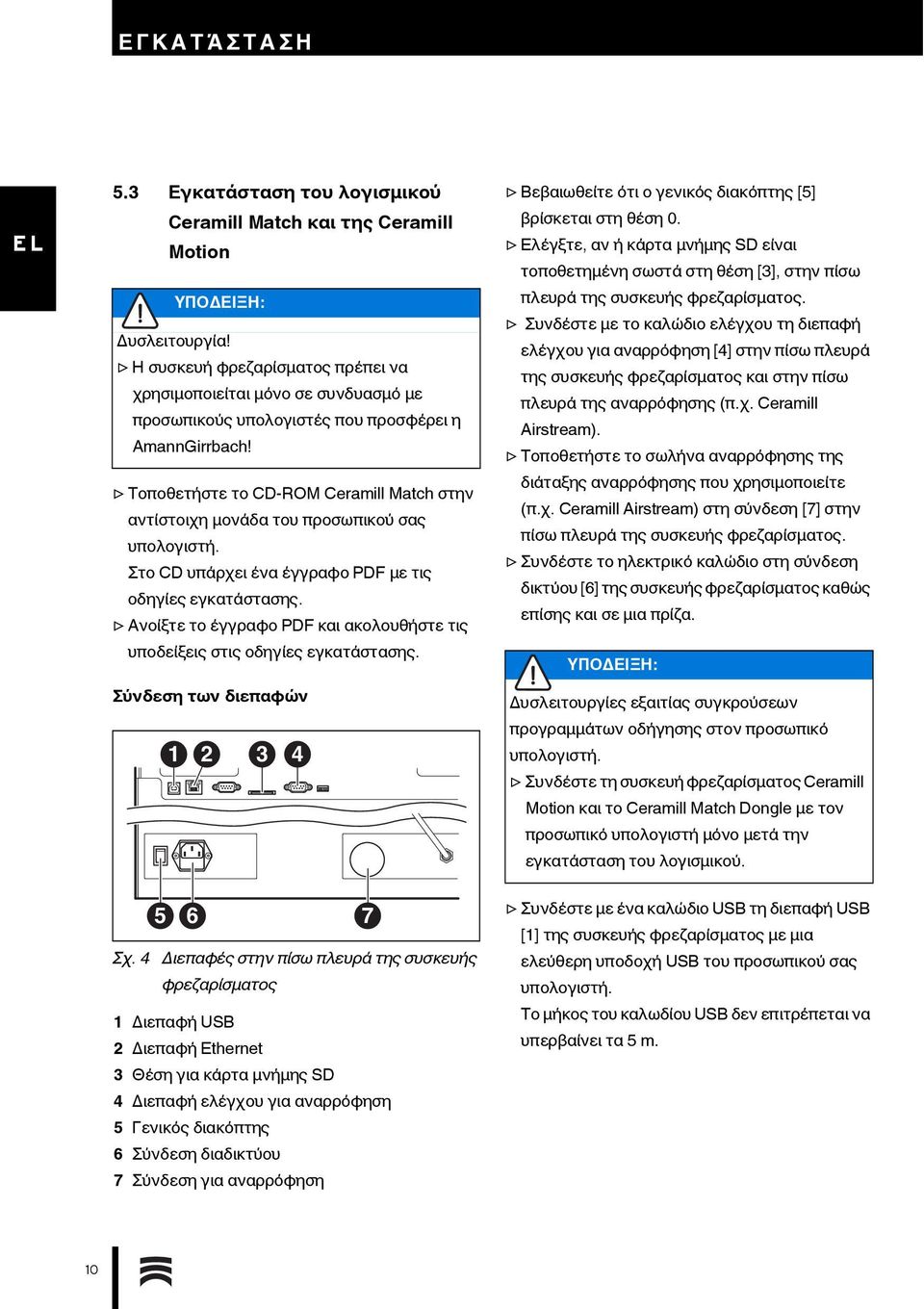 Ανοίξτε το έγγραφο PDF και ακολουθήστε τις υποδείξεις στις οδηγίες εγκατάστασης. Σύνδεση των διεπαφών 1 2 3 4 Βεβαιωθείτε ότι ο γενικός διακόπτης [5] βρίσκεται στη θέση 0.