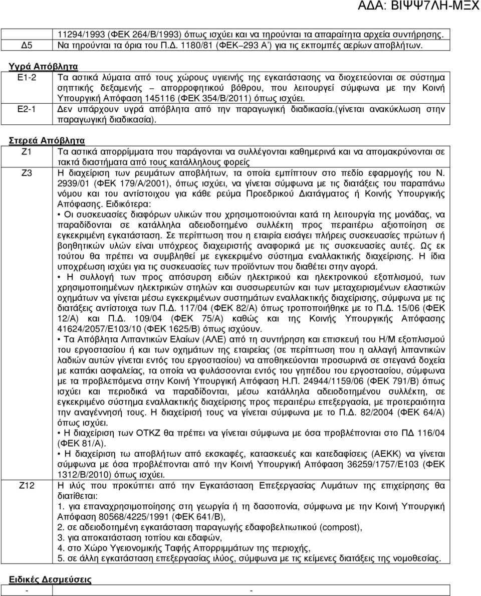 Απόφαση 145116 (ΦΕΚ 354/Β/2011) όπως ισχύει. Ε2-1 εν υπάρχουν υγρά απόβλητα από την παραγωγική διαδικασία.(γίνεται ανακύκλωση στην παραγωγική διαδικασία).